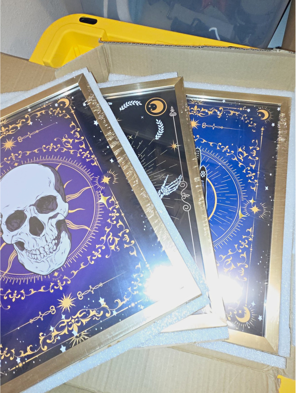 Set of 3 Gold Metallic Plastic Picture Frames Halloween Gothic Skull Art Prints